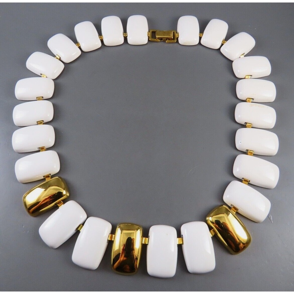 VTG NAPIER Collar Necklace WHITE w/GOLD PANELS Rounded Rectangles FRINGE LINKS